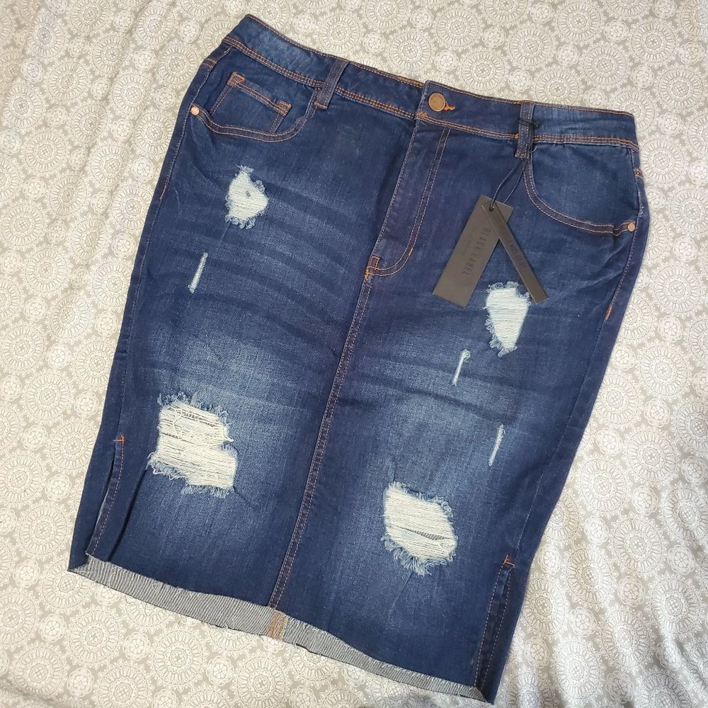 Stretchy Distressed Denim Fitted Midi Skirt